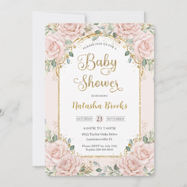 Elegant Blush Pink Floral Girl Baby Shower Invitation (Front)