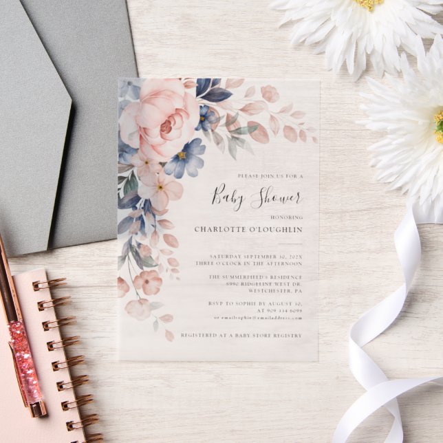 Elegant Blush Pink Floral Girl Baby Shower Vellum Invitations (Wedding)