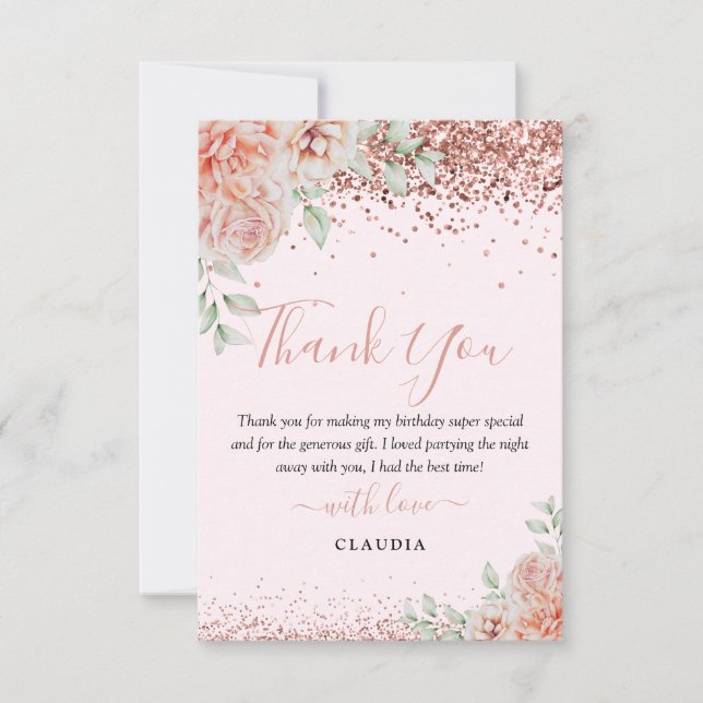 Elegant Blush Pink Floral Glitter Birthday Thank You Card (Front)