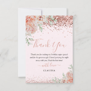 Elegant Blush Pink Floral Glitter Birthday Thank You Card