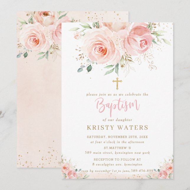 Elegant Blush Pink Floral Gold Baptism Invitation (Front/Back)