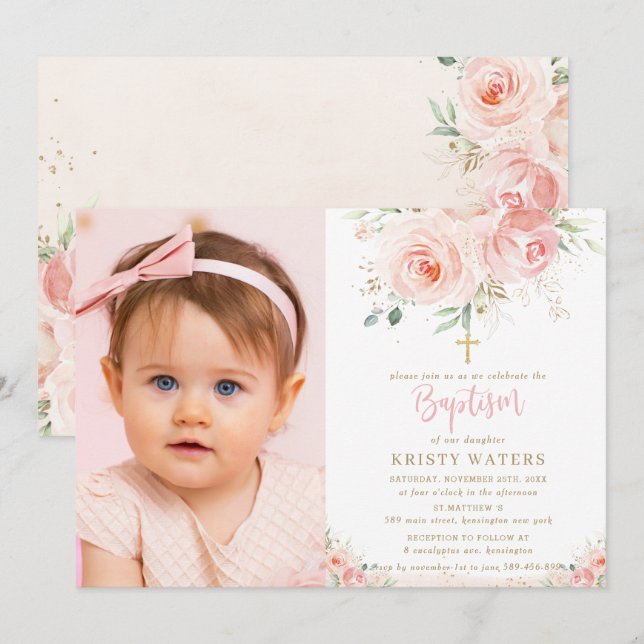 Elegant Blush Pink Floral Gold Baptism Photo Invitation (Front/Back)