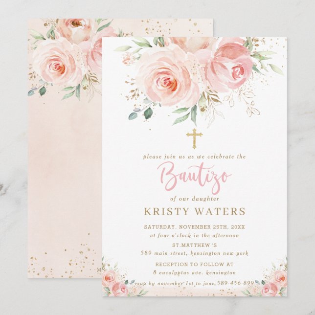 Elegant Blush Pink Floral Gold Bautizo Spanish Invitation (Front/Back)