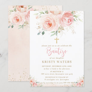 Elegant Blush Pink Floral Gold Bautizo Spanish Invitation