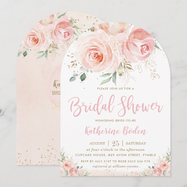 Elegant Blush Pink Floral Gold Bridal Shower Arch Invitation (Front/Back)