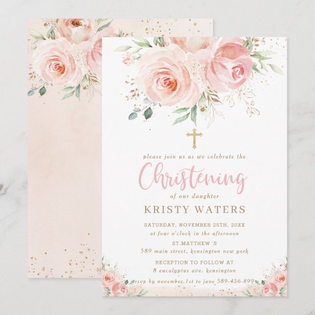 Elegant Blush Pink Floral Gold Christening Invitation (Front/Back)