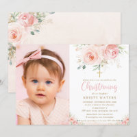Elegant Blush Pink Floral Gold Christening Photo