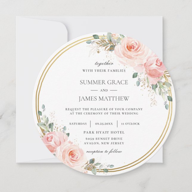 Elegant Blush Pink Floral Gold Circle Wedding Invitation (Front)