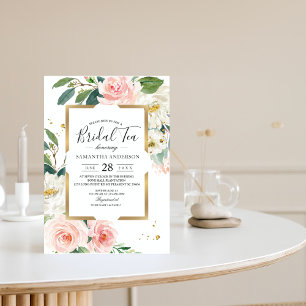 Elegant Blush Pink Floral Gold Frame & Drops Invitation