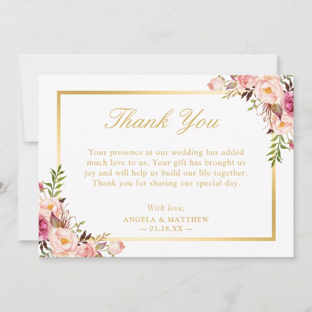 Elegant Blush Pink Floral Gold Frame Thank You (Front)