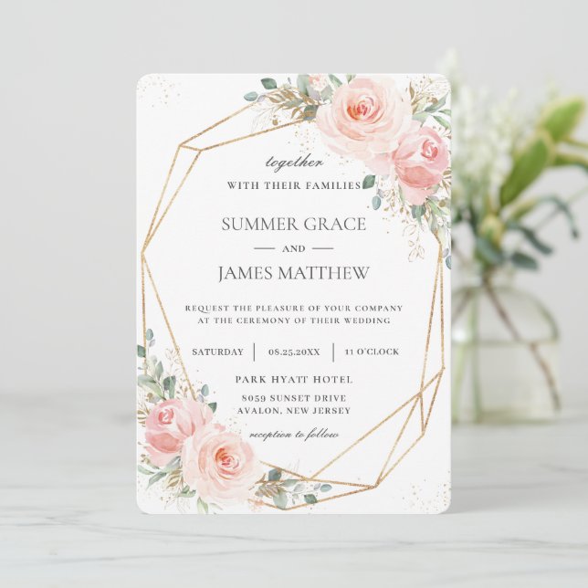 Elegant Blush Pink Floral Gold Geometric Wedding  Invitation (Standing Front)