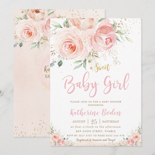 Elegant Blush Pink Floral Gold Girl Baby Shower Invitation (Front/Back)