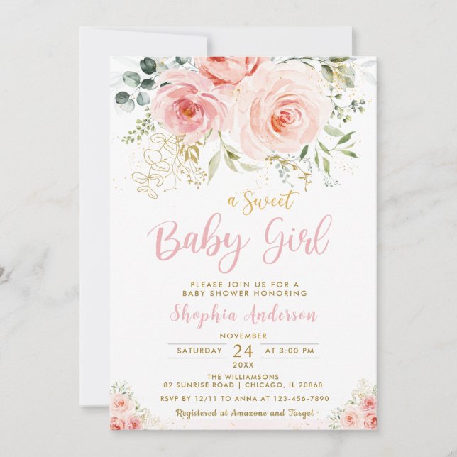 Elegant Blush Pink Floral Gold Girl Baby Shower Invitation (Front)