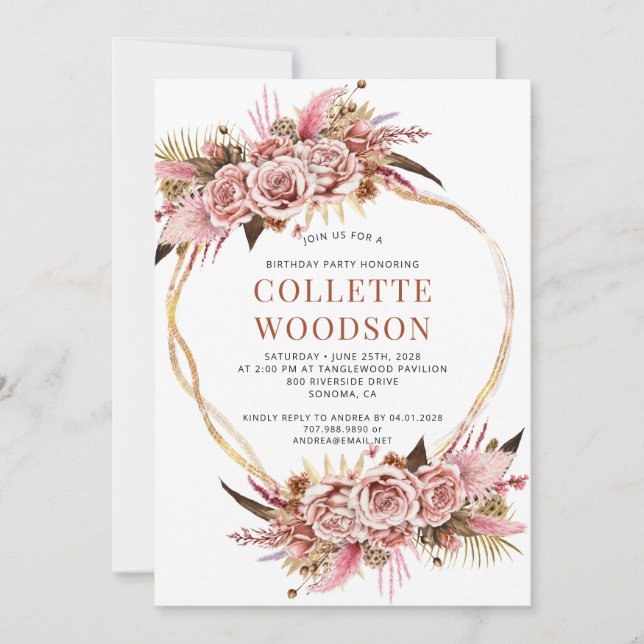 Elegant Blush Pink Floral Gold Glitter Birthday  Invitation (Front)