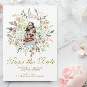 Elegant Blush Pink Floral Gold Photo Save the Date Magnetic Invitation