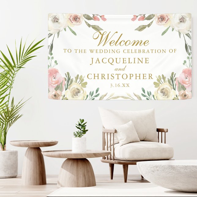Elegant Blush Pink Floral Gold Script Wedding Banner (Creator Uploaded)