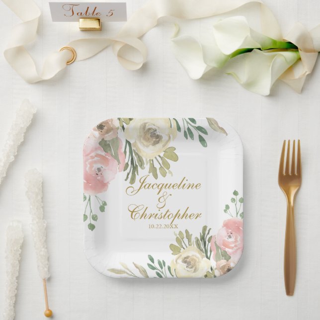 Elegant Blush Pink Floral Gold Script Wedding Paper Plate (Wedding)