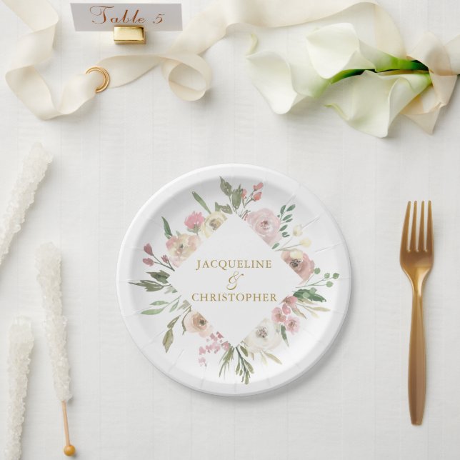 Elegant Blush Pink Floral Gold Script Wedding Paper Plate (Wedding)