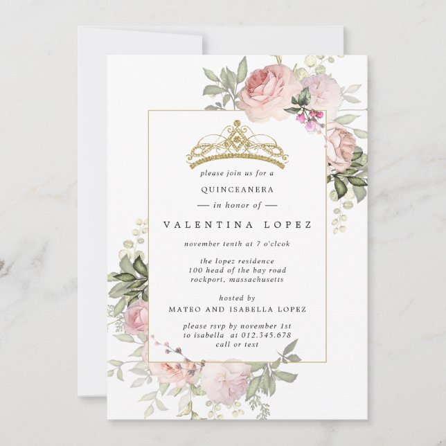 Elegant Blush Pink Floral Gold Tiara Quinceanera Invitation (Front)