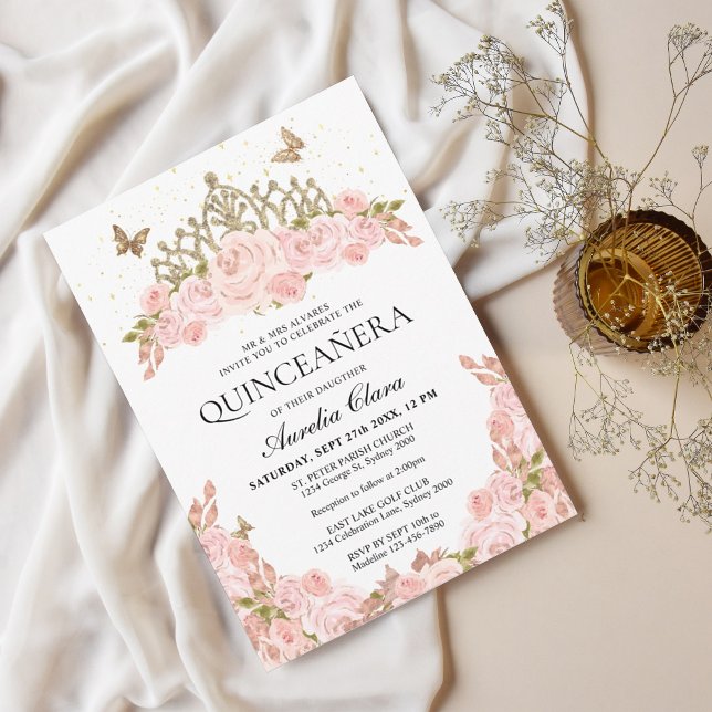 Elegant Blush Pink Floral Gold Tiara Quinceanera Invitation (Creator Uploaded)