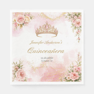 Elegant Blush Pink Floral Gold Tiara Quinceañera  Napkin