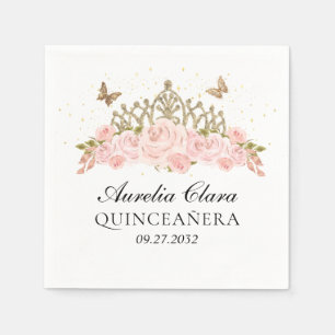 Elegant Blush Pink Floral Gold Tiara Quinceanera Napkin