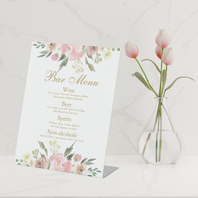Elegant Blush Pink Floral Gold Wedding Bar Menu Pedestal Sign (Creator Uploaded)