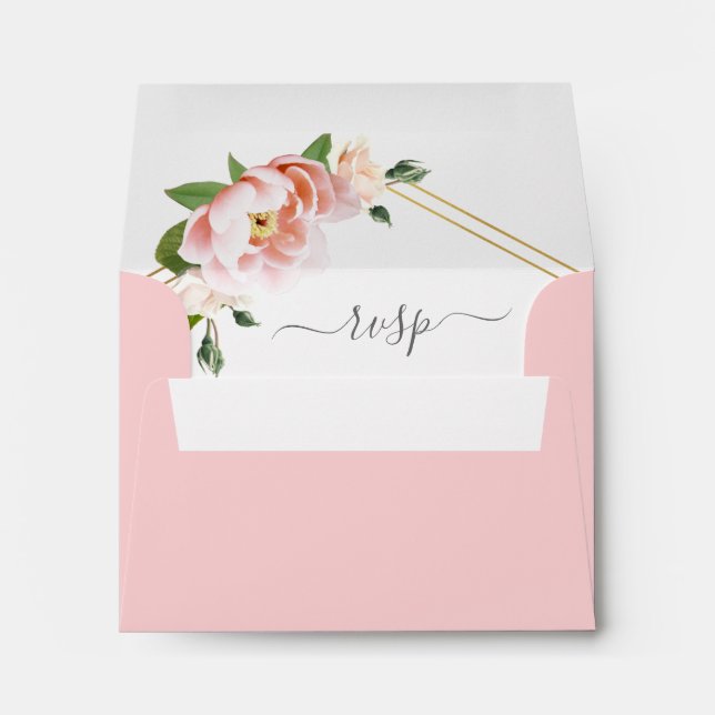 Elegant Blush Pink Floral Gold Wedding RSVP Envelope (Back (Bottom))