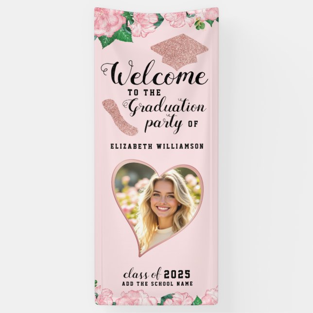 Elegant Blush Pink Floral Graduation Welcome Banner (Vertical)