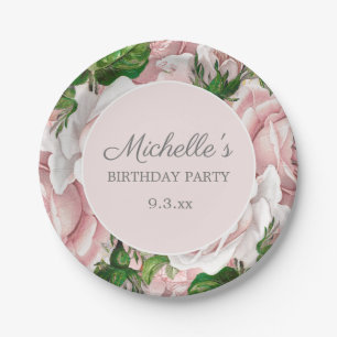 Elegant Blush Pink Floral Greenery Birthday Party Paper Plate