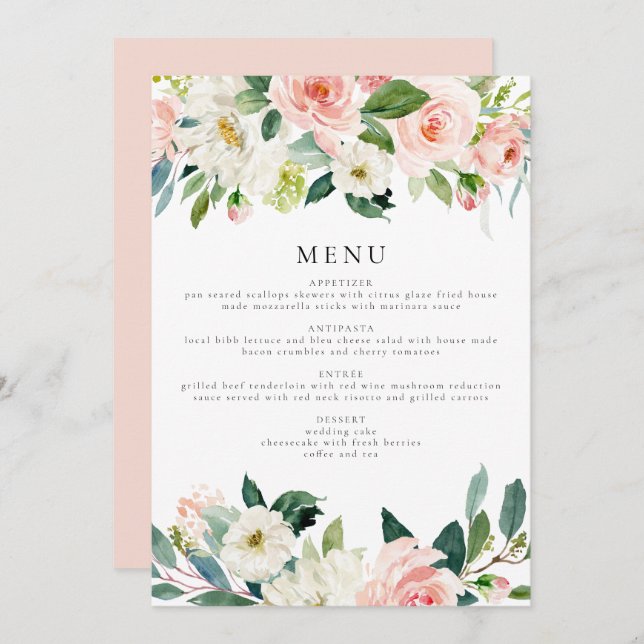 Elegant Blush Pink Floral Greenery Dinner Menu  Invitation (Front/Back)