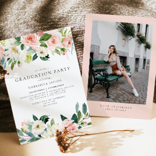 Elegant Blush Pink Floral Greenery Graduation  Invitation