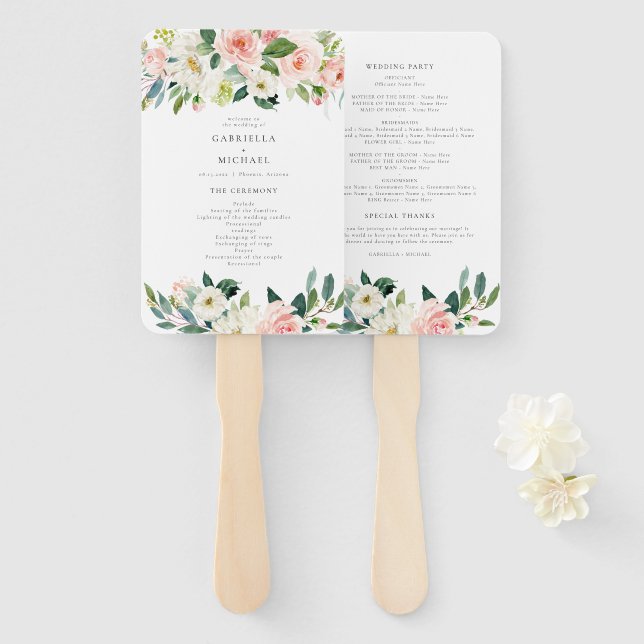 Elegant Blush Pink Floral Greenery Wedding Program Hand Fan (Front and Back)