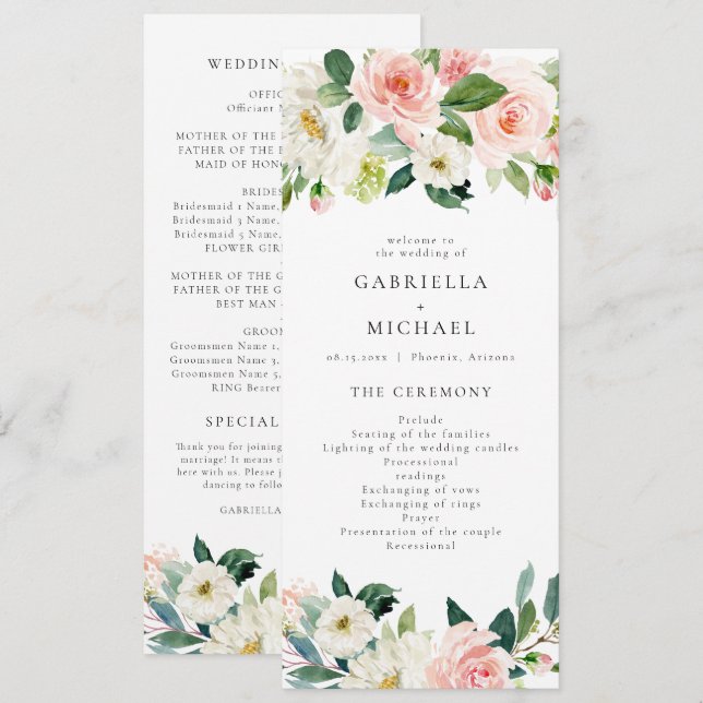 Elegant Blush Pink Floral Greenery Wedding Program Invitation (Front/Back)