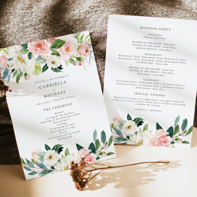 Elegant Blush Pink Floral Greenery Wedding Program Invitation (Creator Uploaded)