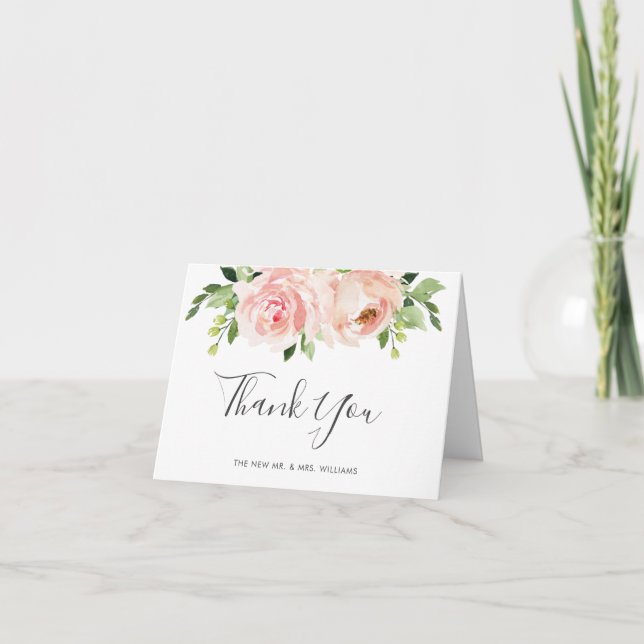Elegant Blush Pink Floral Greenery Wedding Thank You Card (Front)