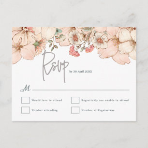 Elegant Blush Pink Floral Grey Script Wedding RSVP Postcard