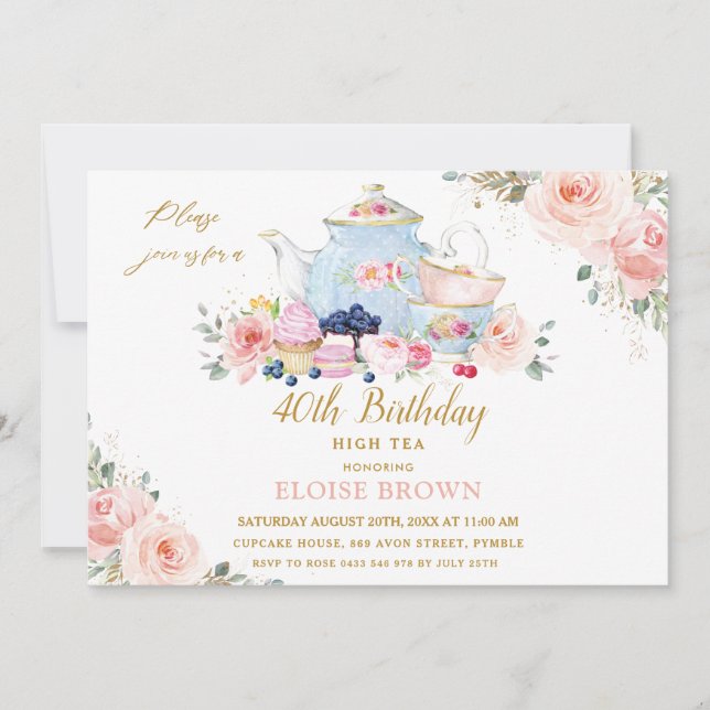 Elegant Blush Pink Floral High Tea Party Birthday  Invitation (Front)