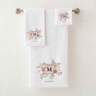 Elegant Blush Pink Floral Monogram Bath Towel Set
