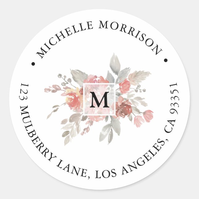 Elegant Blush Pink Floral Monogram Classic Round Sticker (Front)