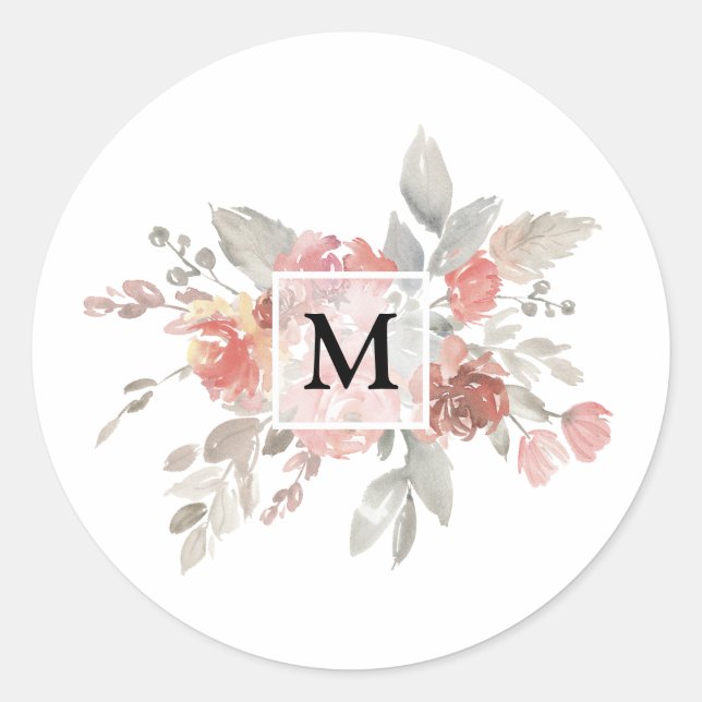 Elegant Blush Pink Floral Monogram Classic Round Sticker (Front)