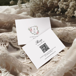 Elegant Blush Pink Floral Monogram Crest QR Code RSVP Card