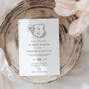 Elegant Blush Pink Floral Monogram Crest Wedding Invitation