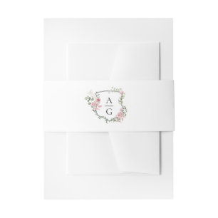 Elegant Blush Pink Floral Monogram Crest Wedding Invitation Belly Band