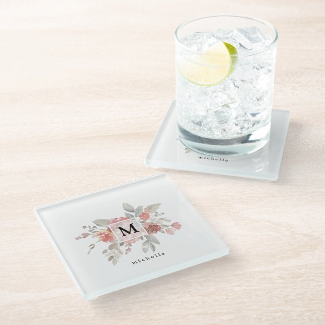 Elegant Blush Pink Floral Monogram Glass Coaster (Angled)