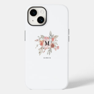 Elegant Blush Pink Floral Monogram iPhone 14 Case