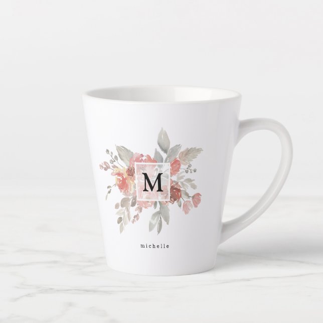 Elegant Blush Pink Floral Monogram Latte Mug (Right)
