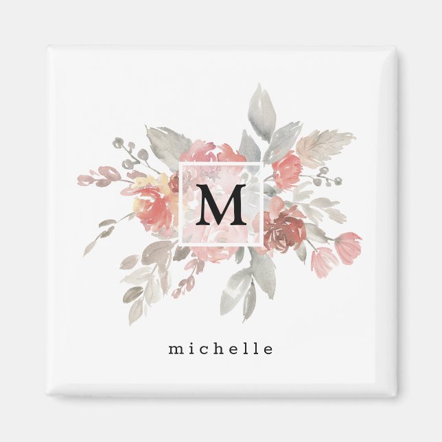 Elegant Blush Pink Floral Monogram Magnet (Front)