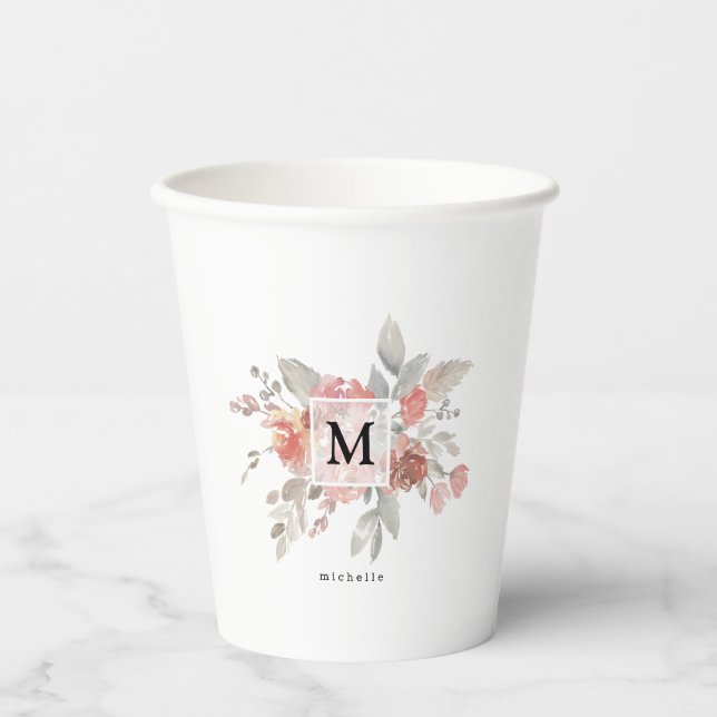 Elegant Blush Pink Floral Monogram Paper Cups (Front)