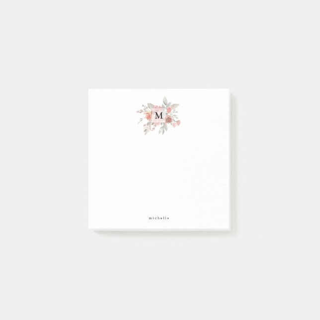Elegant Blush Pink Floral Monogram Post-it Notes (Front)